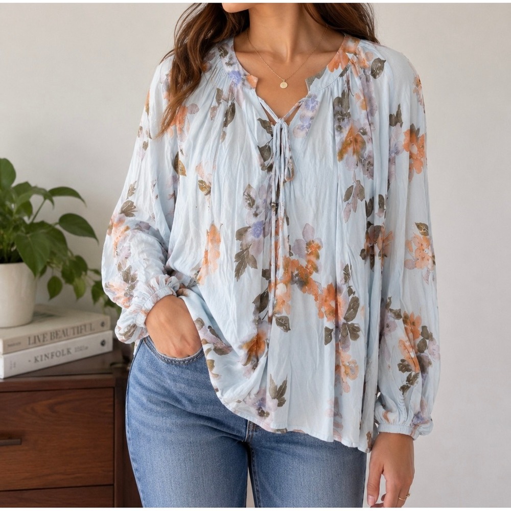 Caramela Floral Peasant Blouse M/L Boho Cottagecore Balloon Sleeve Top USA